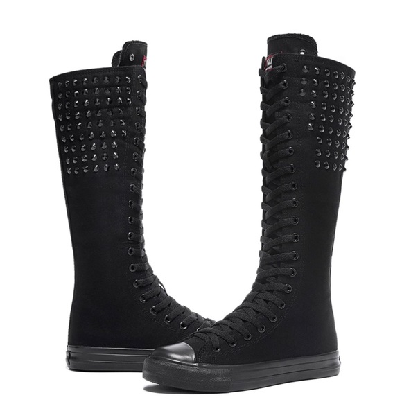 Punk Style Long Rivet Canvas Boots Knee High Casual - Picture 2 of 8